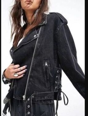 Free People Oversized Denim Moto Jacket Size Small